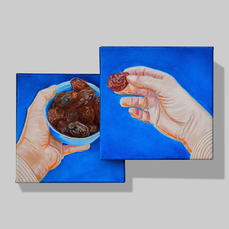 date, hands, blue, orange moments painting oilpainting