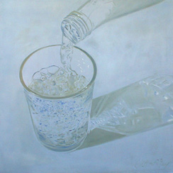 Glas Wasser, Öl auf Lw, 1x1m, 杯水 halb voll leer hans-gerhard meyer
