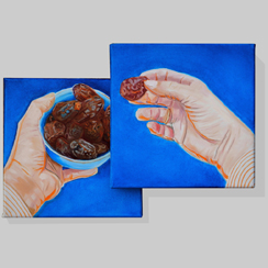 date, hands, blue, orange time contamporary art painting